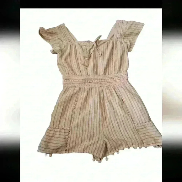 American Eagle Womens Peach Striped Pom Pom Boho Effortless Chic Trendy Romper M - Picture 3 of 12